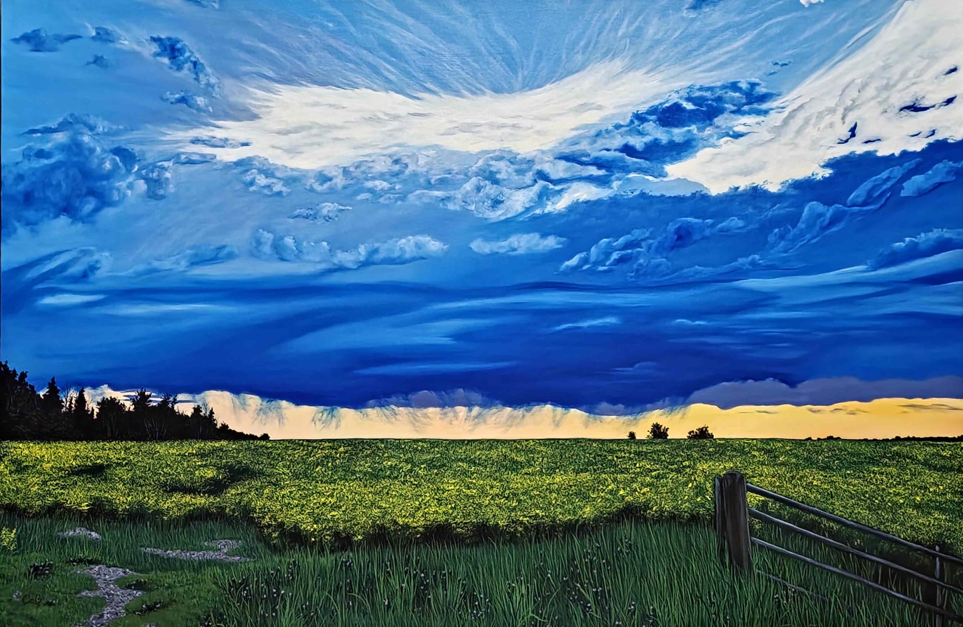 Canola Field At Dusk is an original oil painting of vibrant storm clouds over a beautiful sunset, over the prairie canola fields.