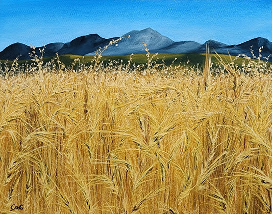 Christina Gouldsborough original oil painting "Picnic In the Wheat" of a up close wheat field with distant mountains in the distance.