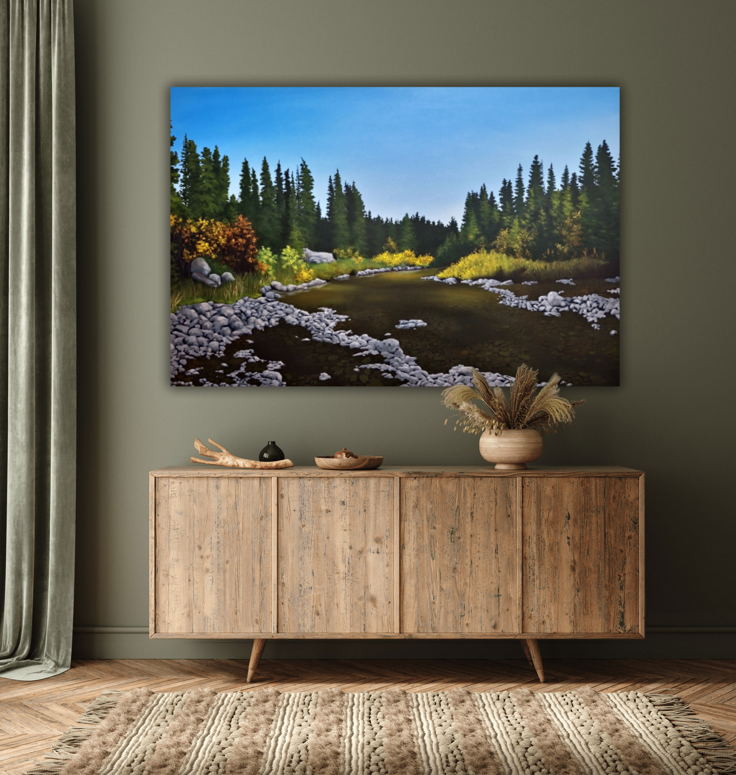 Intermission -  An original landscape painting by Christina Gouldsborough Canadian Landscape Artist over a credenza on a green wall