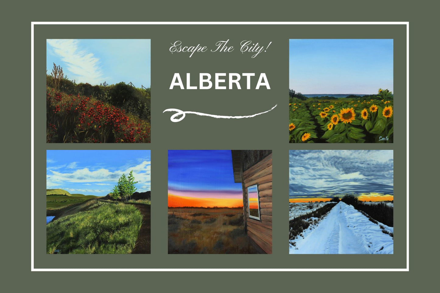 Escape The City postcard with 5 original landscape paintings