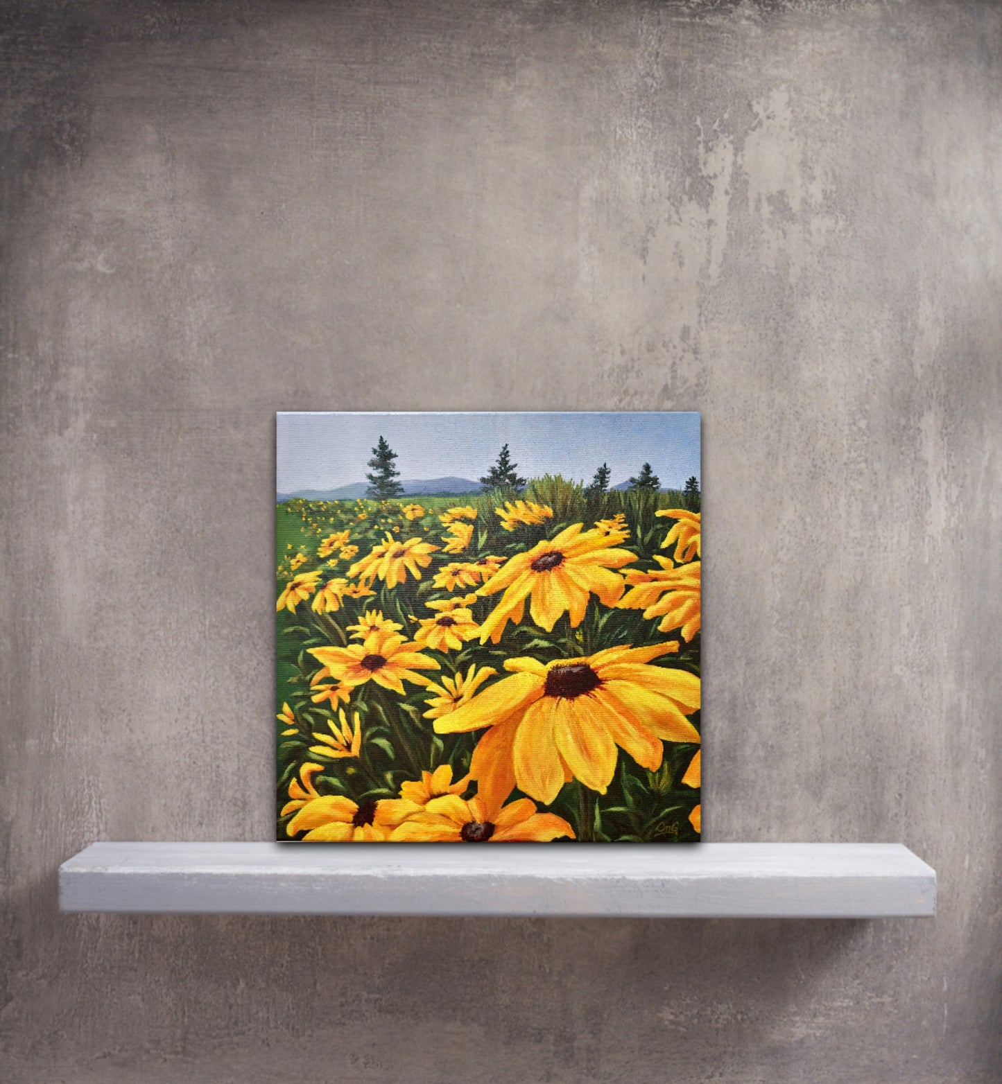 Christina Gouldsborough's original oil painting of brown eyed susans in a row leading off into the distance on a cement grey wall, on a grey shelf