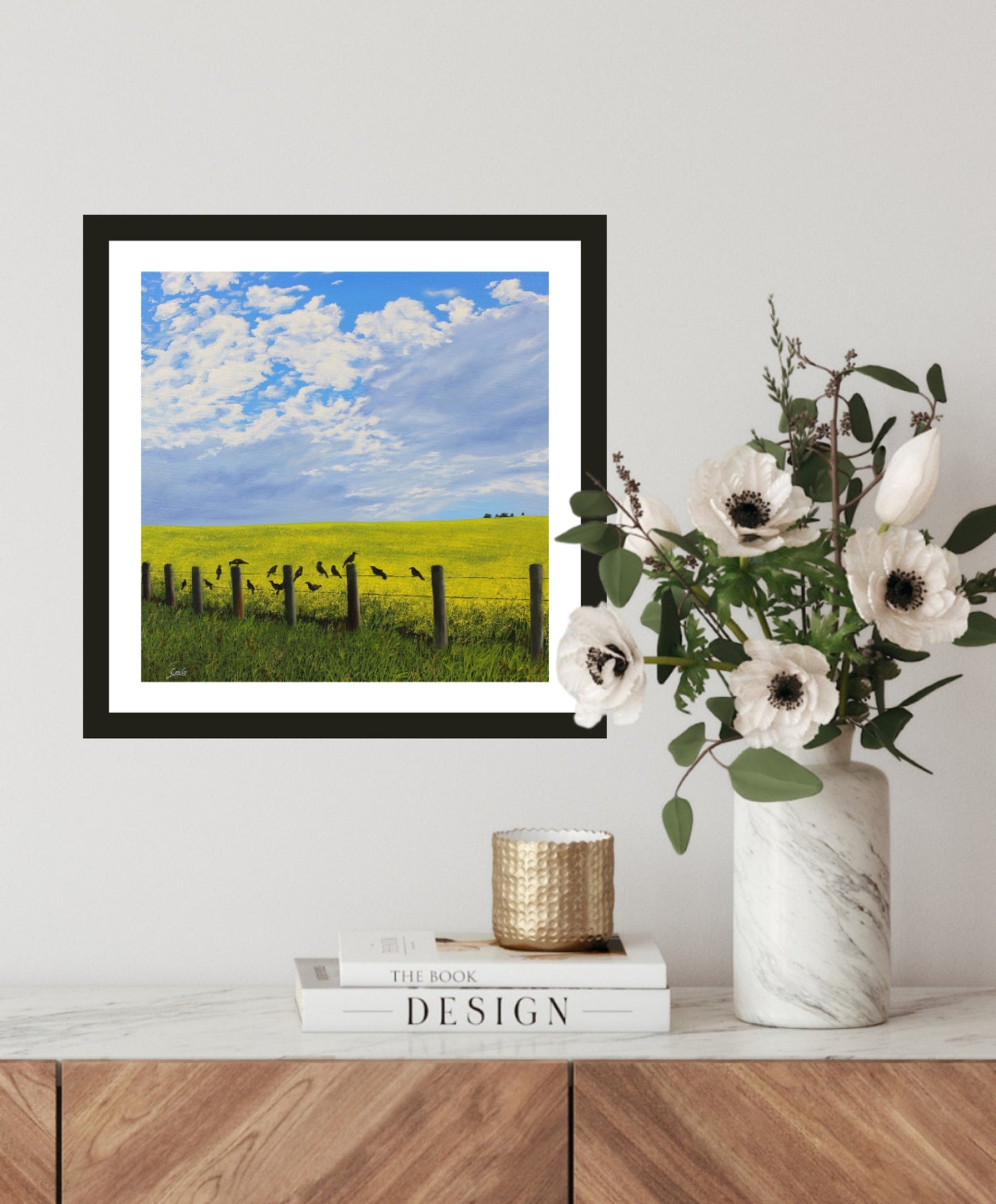 Blackbird Chorus - a fine art print of crows on a wire fence in front of a canola field on a bright sunny day with matt and frame