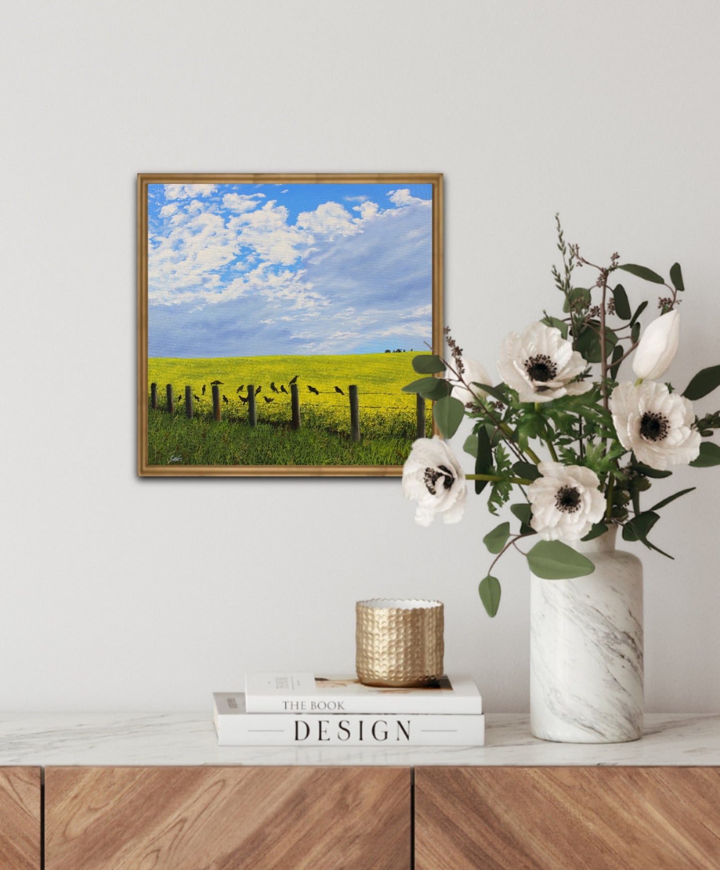 Blackbird Chorus - a fine art print of crows on a wire fence in front of a canola field on a bright sunny day with frame