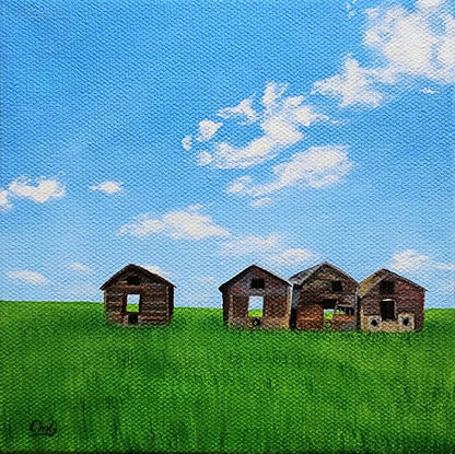 Small, original oil painting of 4 prairie sheds in a green field in summer 