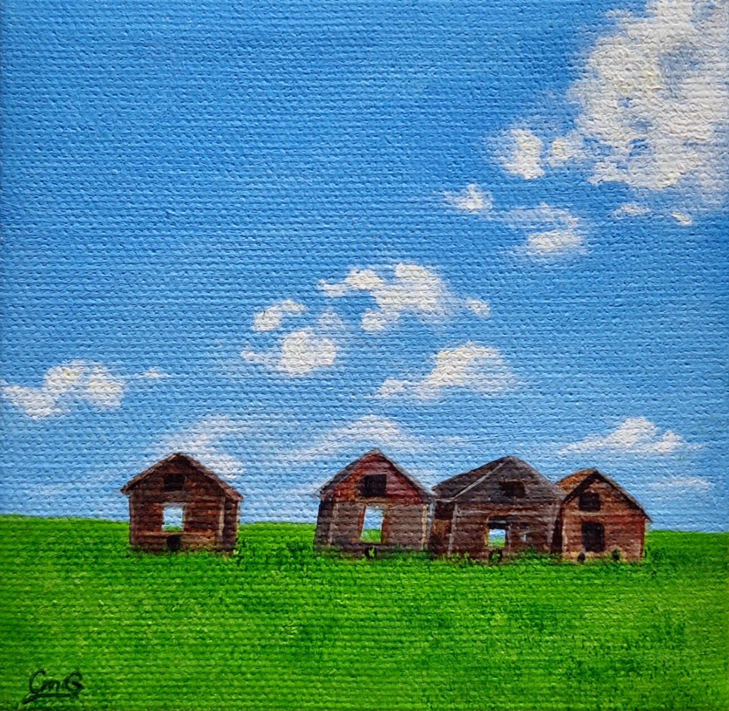 Small original oil painting of 4 vintage sheds in a green field in summer