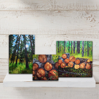 Sunbeams - original oil painting of sun streaming through a forest onto the forest floor 4x6 with 2 other complimentary paintings
