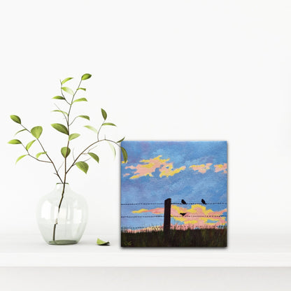 Original oil painting of 3 birds on a barbed wire fence watching the sun come up, beside on plant on a shelf