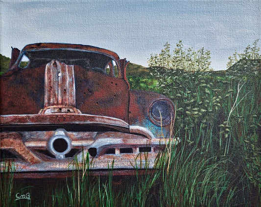 Vintage abandoned car in field acrylic landscape painting