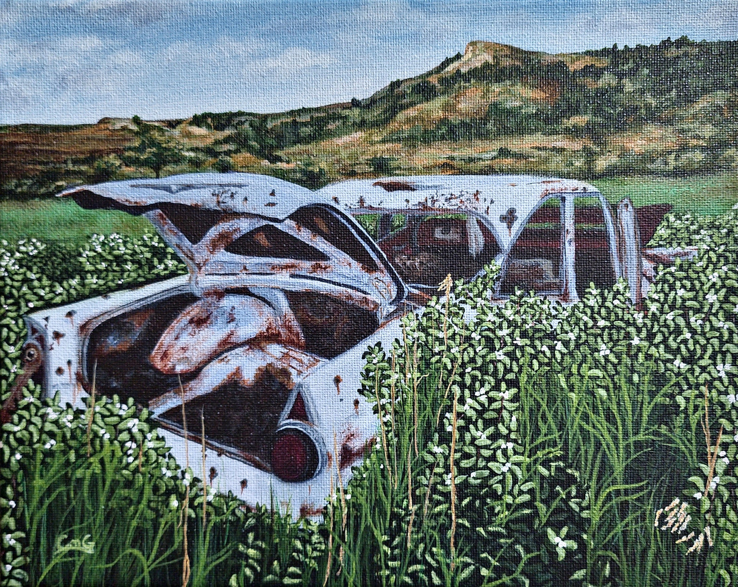 Blue Vintage car abandoned and rusting in field acrylic landscape painting