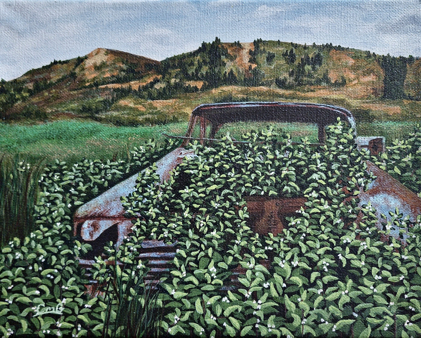 Acrylic painting of a vintage car in overgrown with grass