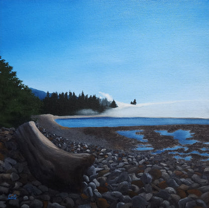 Christina Gouldsborough's original landscape painting "Misty Driftwood Daydream" of a Vancouver rocky shore with a large piece of driftwood