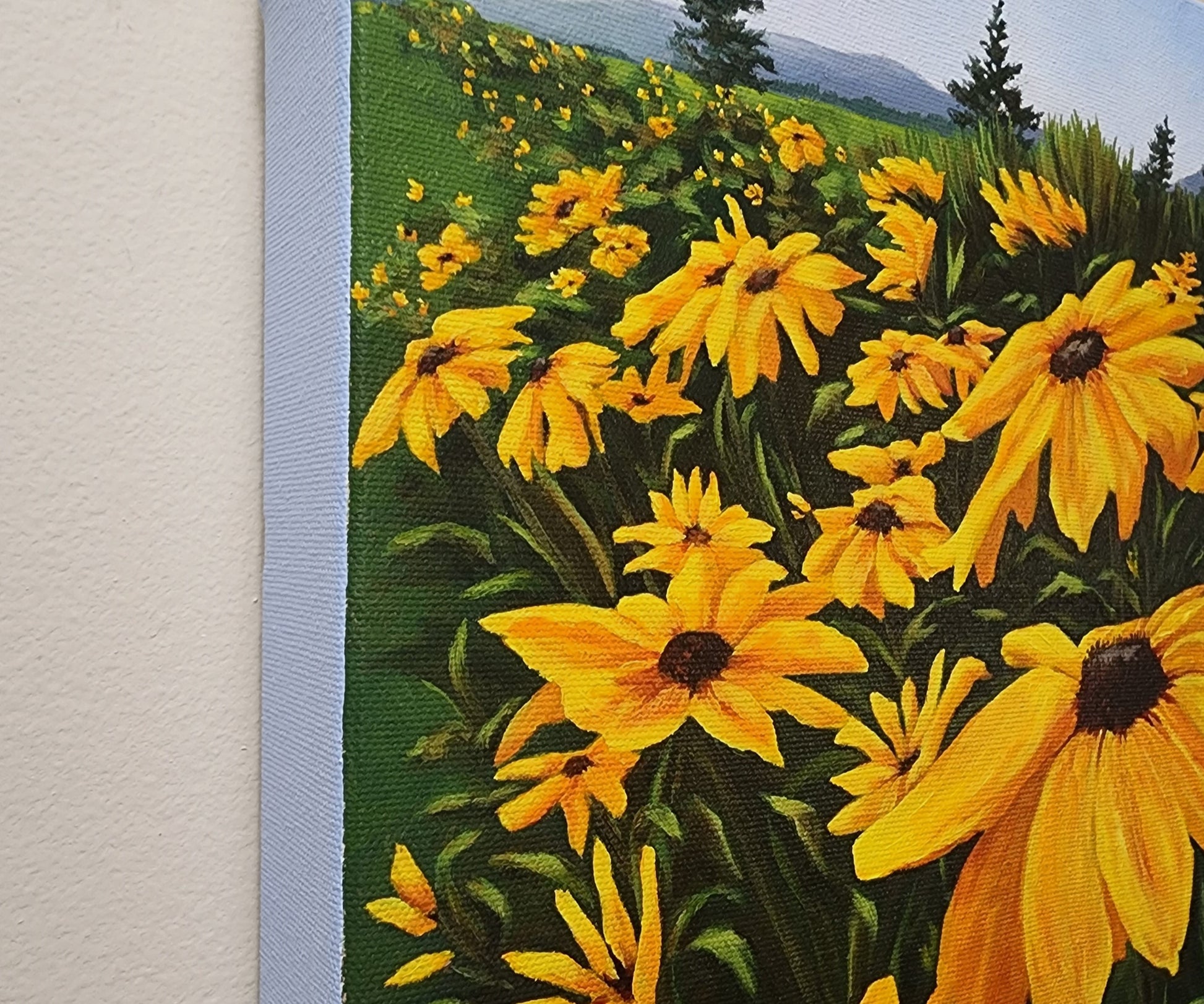 Christina Gouldsborough's original oil painting of brown eyed susans in a row leading off into the distance, edges finished in blue