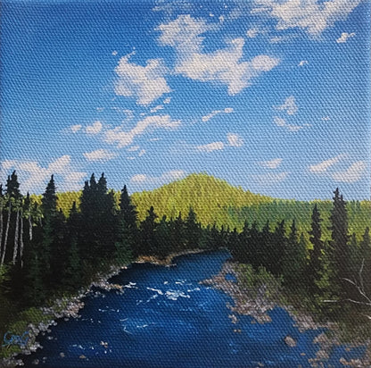 A small 6 inch by 6 inch oil painting of a river surrounded by trees and miles of forest.