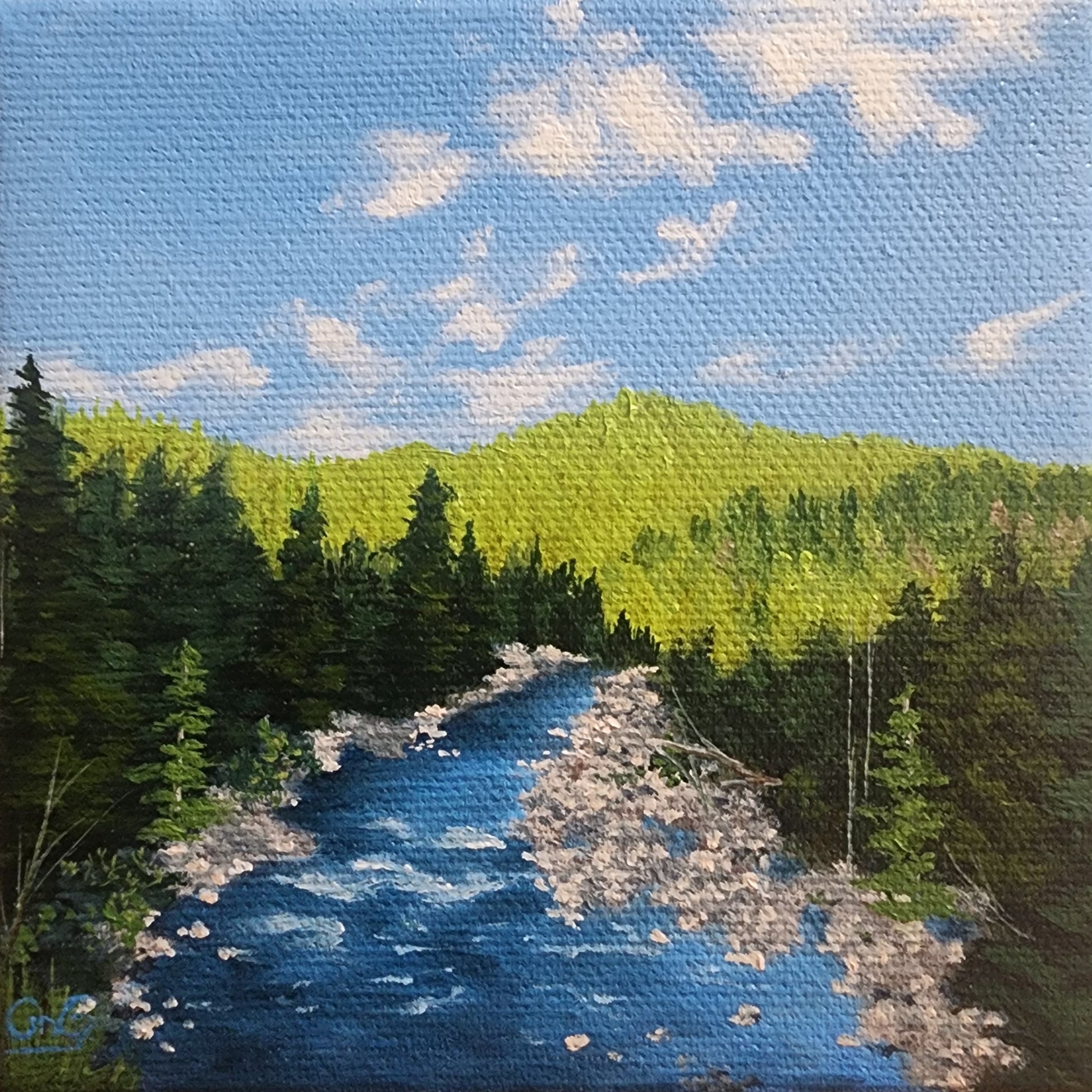 A small 4 inch by 4 inch oil painting of a river surrounded by trees and miles of forest.