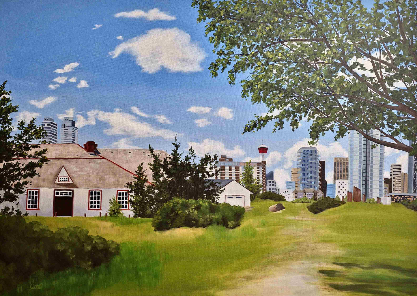 A Path Through Time Oil painting of the rear of Fort Calgary and Calgary's downtown core