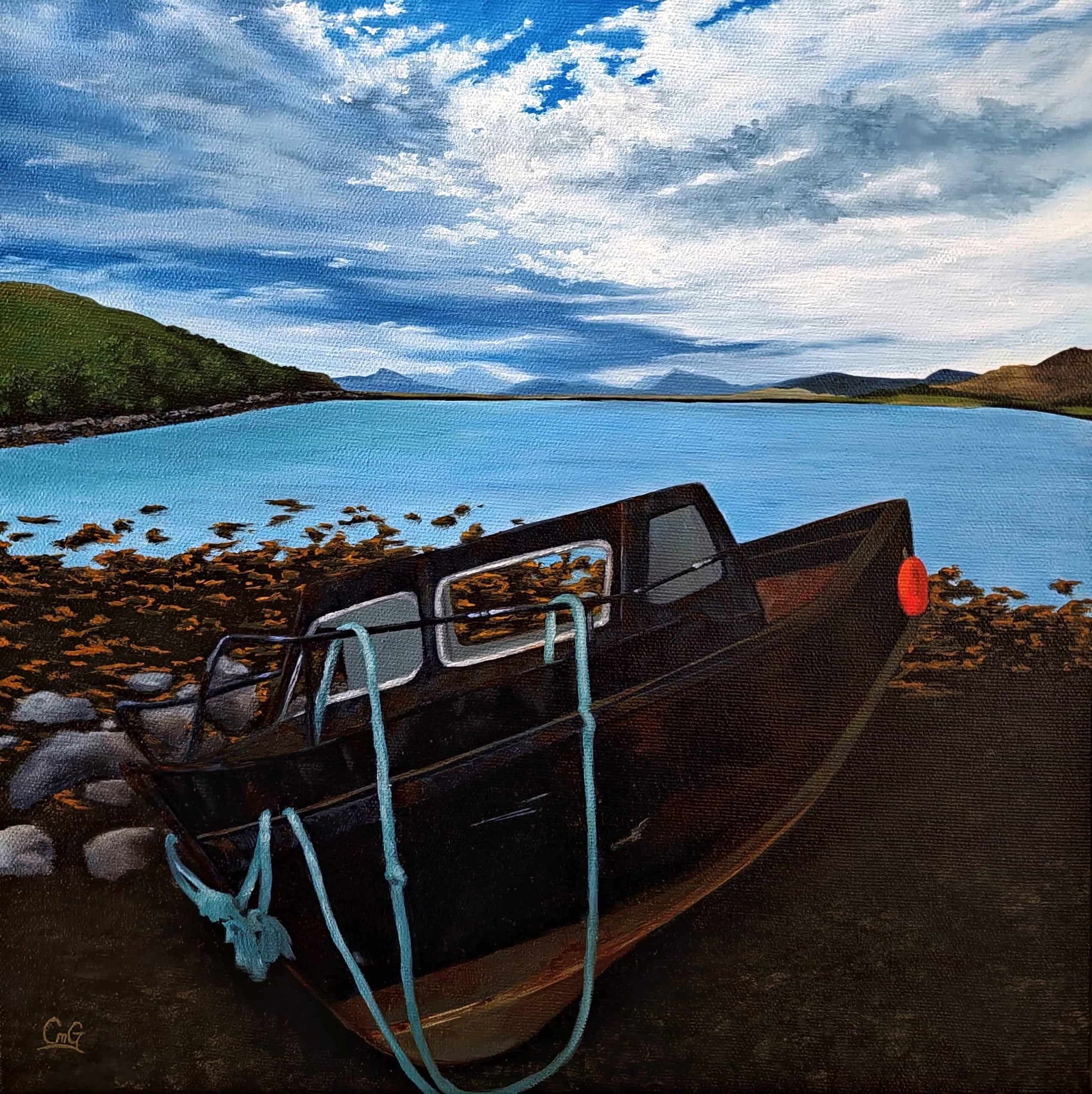 Christina Gouldsborough Canadian Landscape Artist - Beached - An original oil landscape painting of a boat beached on low tide, with a dramatic display of clouds in the sky.