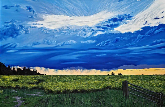 Canola Field At Dusk is an original oil painting of vibrant storm clouds over a beautiful sunset, over the prairie canola fields. 