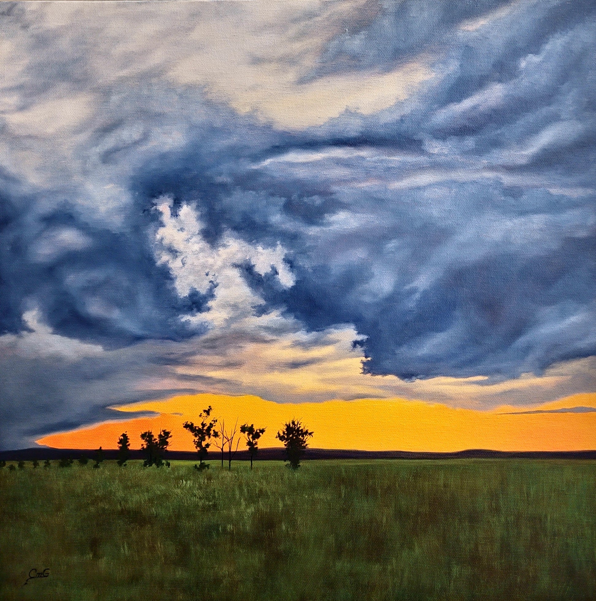 Evening Dichotomy - 16"x16" oil on canvas landscape painting of a prairie field with a few trees and storm clouds at sunset - Christina Gouldsborough