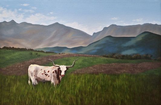 "Getting Rowdy" is an original 12"x18" oil painting of a longhorn in the Alberta Foothills by Christina Gouldsborough