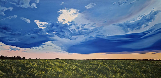 Golden Hour Affirmation is an original oil painting by Christina Gouldsborough of a vibrant stormy sky with a sunset over a canola field