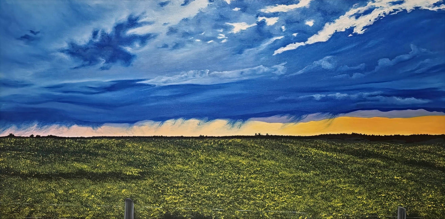 Happy Hour and original oil painting by Christina Gouldsborough of a vibrant sunset after a summer storm over the canola fields 