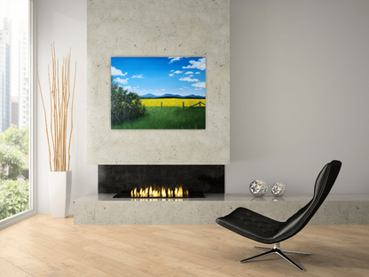 Christina Gouldsborough - Summer Radiance - oil landscape painting 36x48 hanging on a wall over a fireplace in a modern appartment