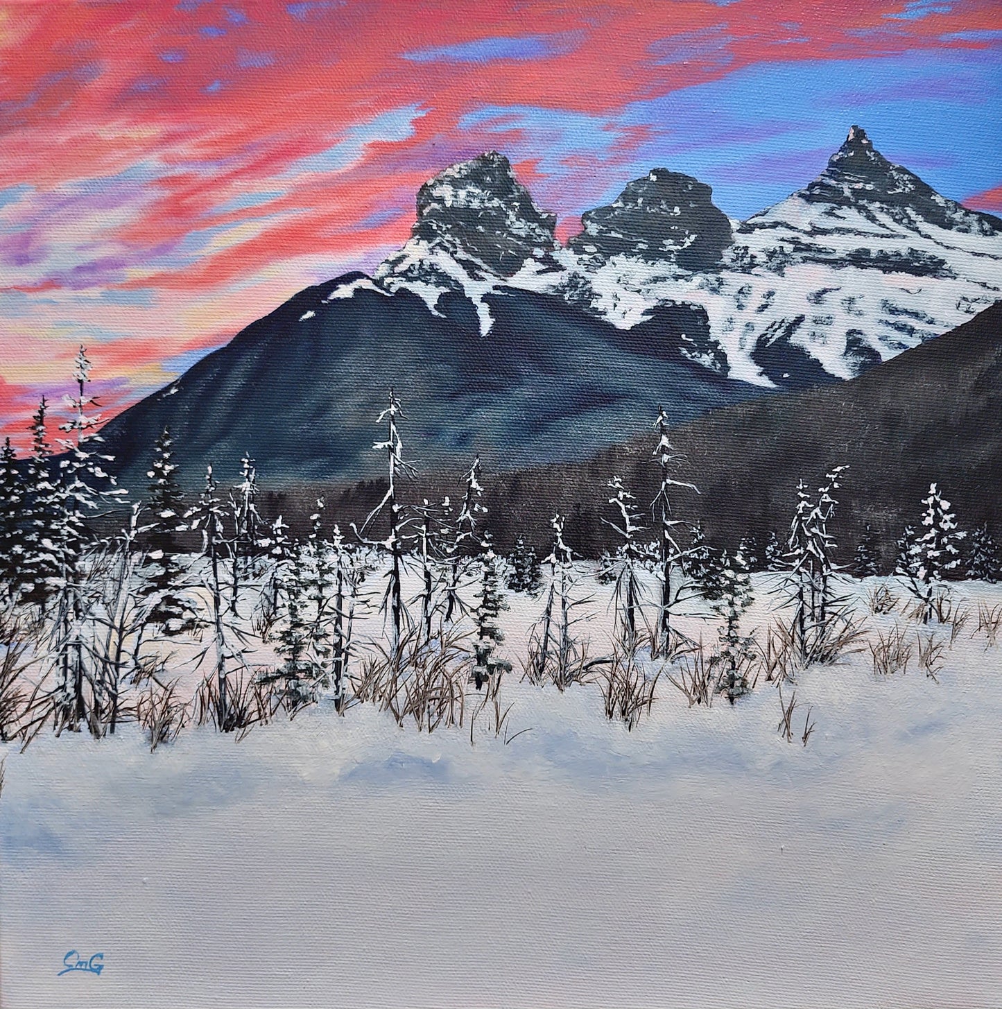 Three Sisters Rosaline Sunset by Christina Gouldsborough Canadian Landscape Artist