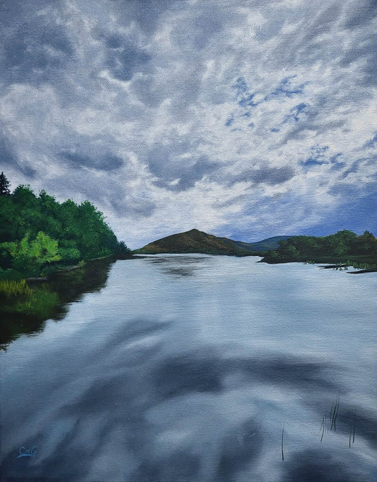 Christina Gouldsborough - Unwavering Spirit Landscape Painting - 11x14 oil of a still lake reflecting the moody clouds above