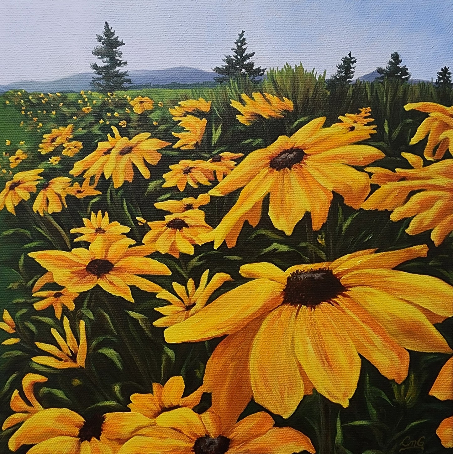 Christina Gouldsborough's original oil painting of brown eyed susans in a row leading off into the distance