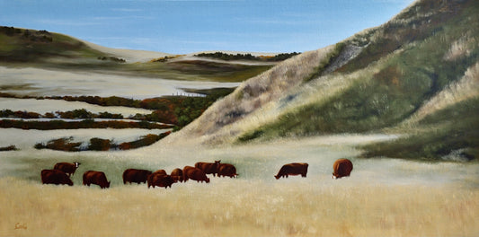 Original 12"x24" oil painting of a herd of herford cattle on the Alberta badland prairies by Christina Gouldsborough