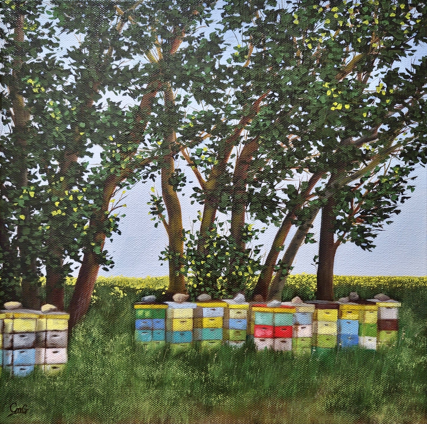 Life is Sweet - an original landscape painting of bee boxes under swaying willows in an open field By Christina Gouldsborough