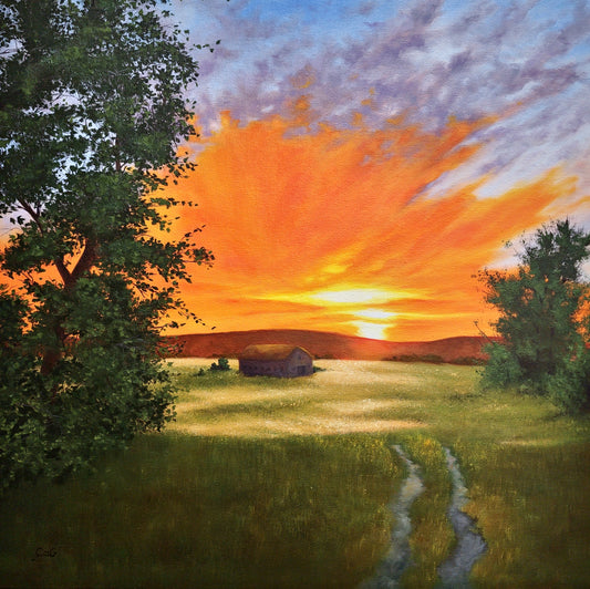 Warm Prairie Memory - 16"x16" oil on Canvas original of a bright orange prairie sunset over an old homestead - Christina Gouldsborough