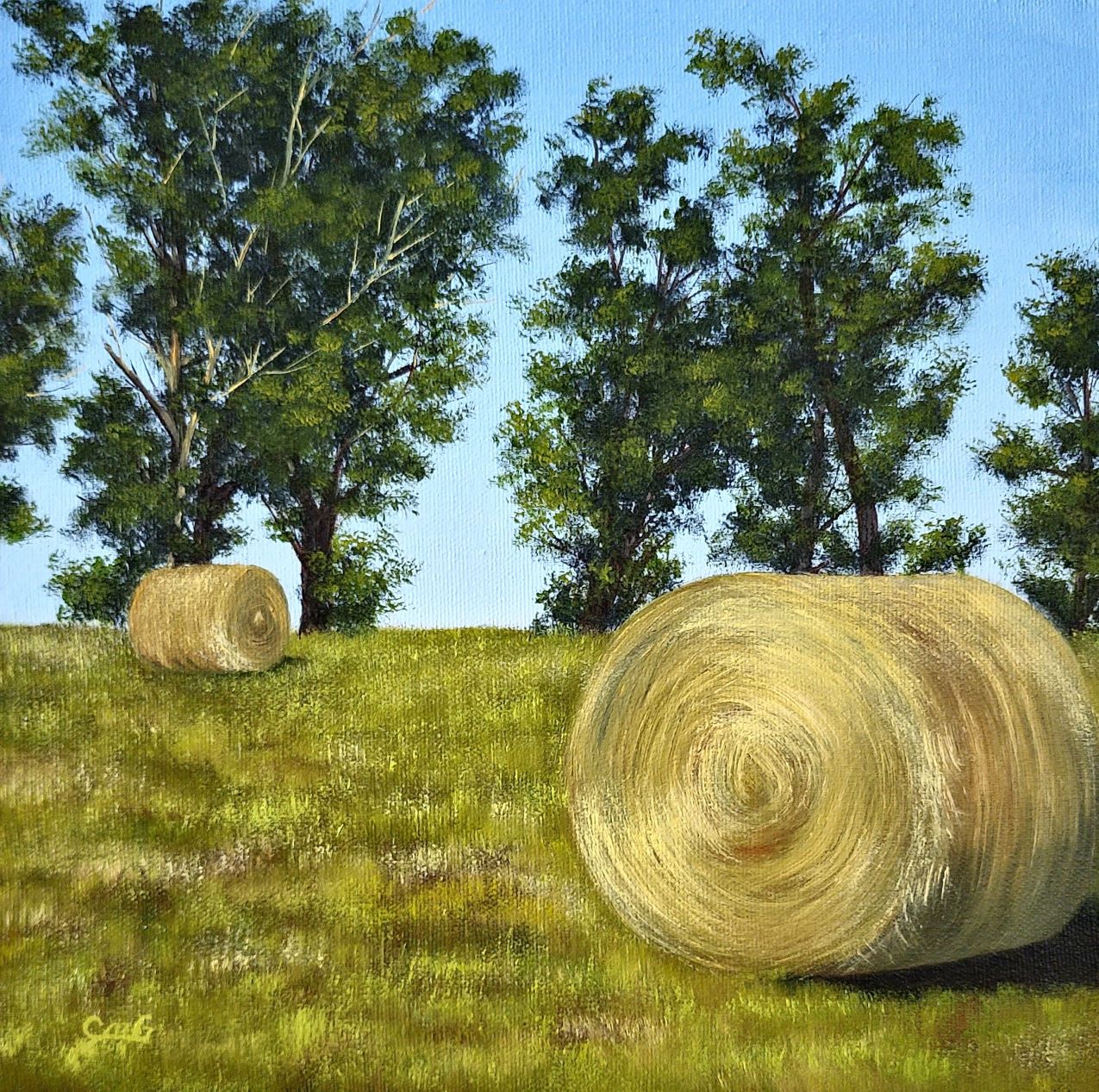 Oil on canvas landscape painting of hay bales in front of some old willow trees