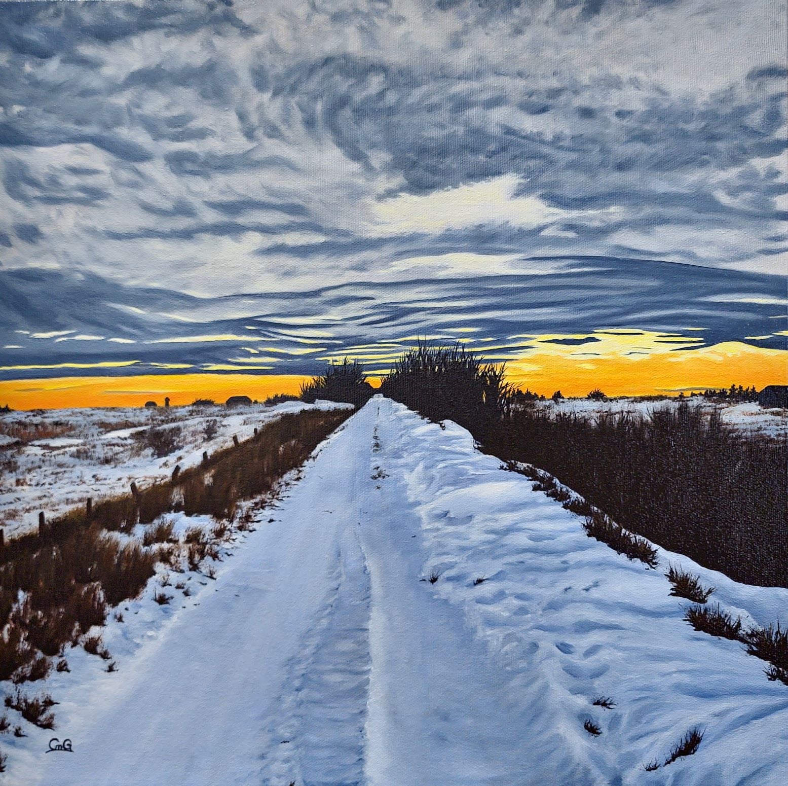 Oil on Canvas landscape painting of a winter rural road with an orange sunset