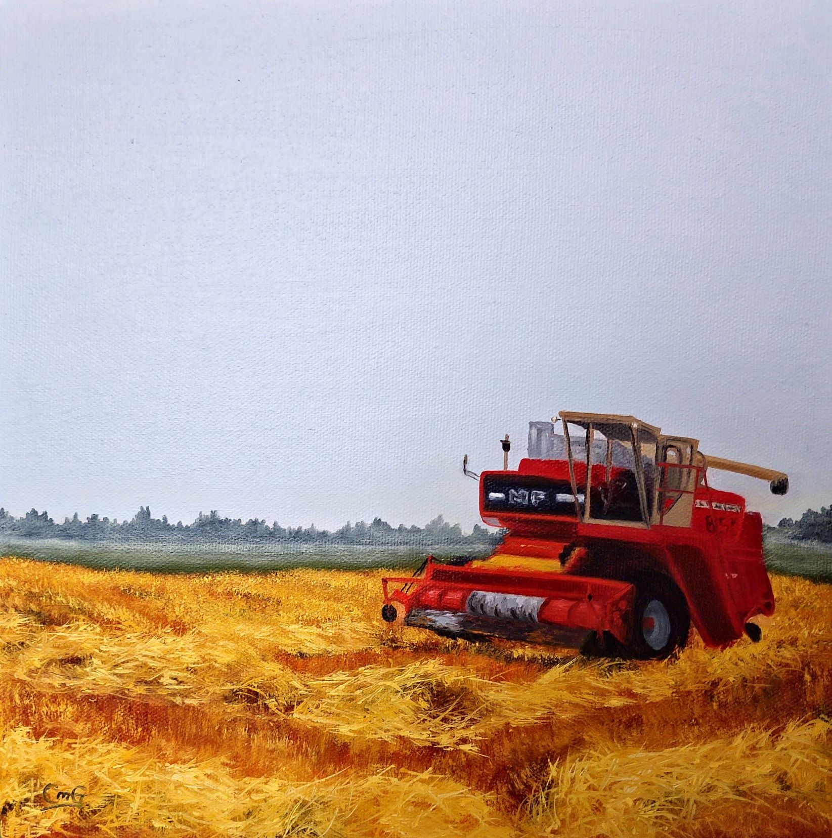 Oil on Canvas original landscape painting of a combine in a harvested field