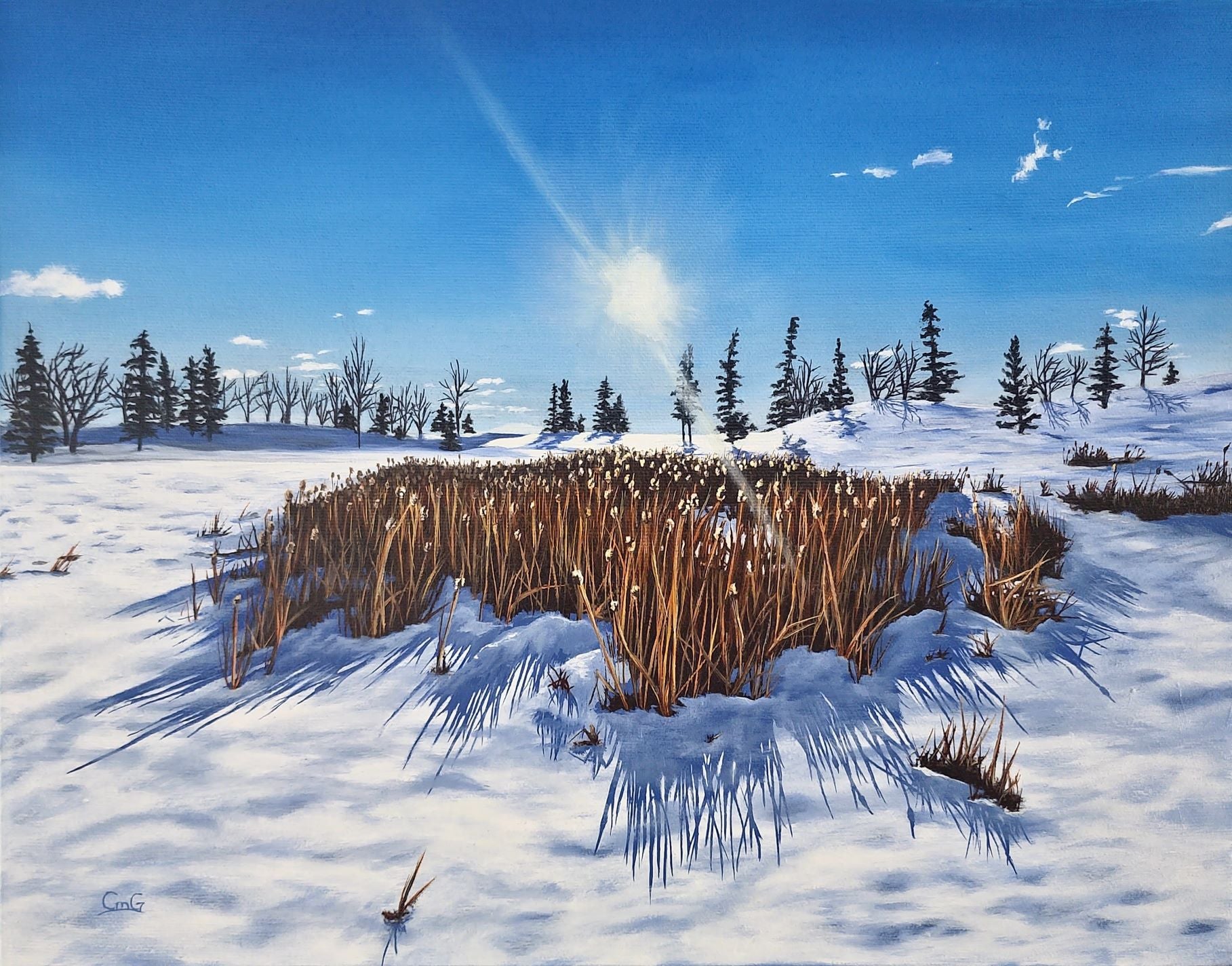 Oil on canvas landscape painting of cattails in snow with the sun shinning over them