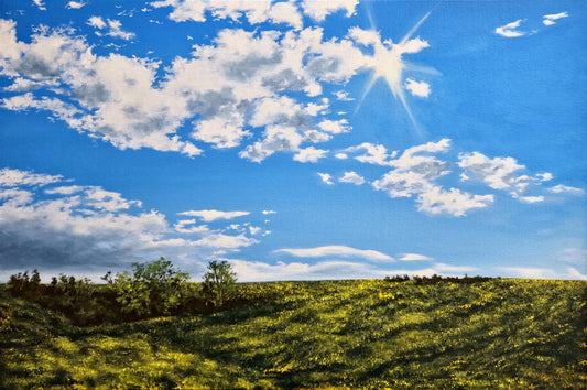 Devotion 12"x18" original oil painting of a blooming canola field and bright light of the shining sun