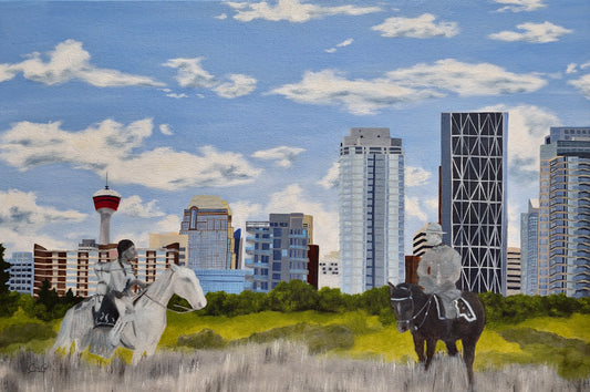 Oil Painting of a Blackfoot woman and RCMP spirits overlooking downtown Caglary