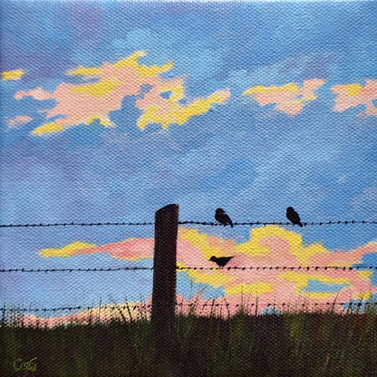 Original oil painting of 3 birds on a barbed wire fence watching the sun come up