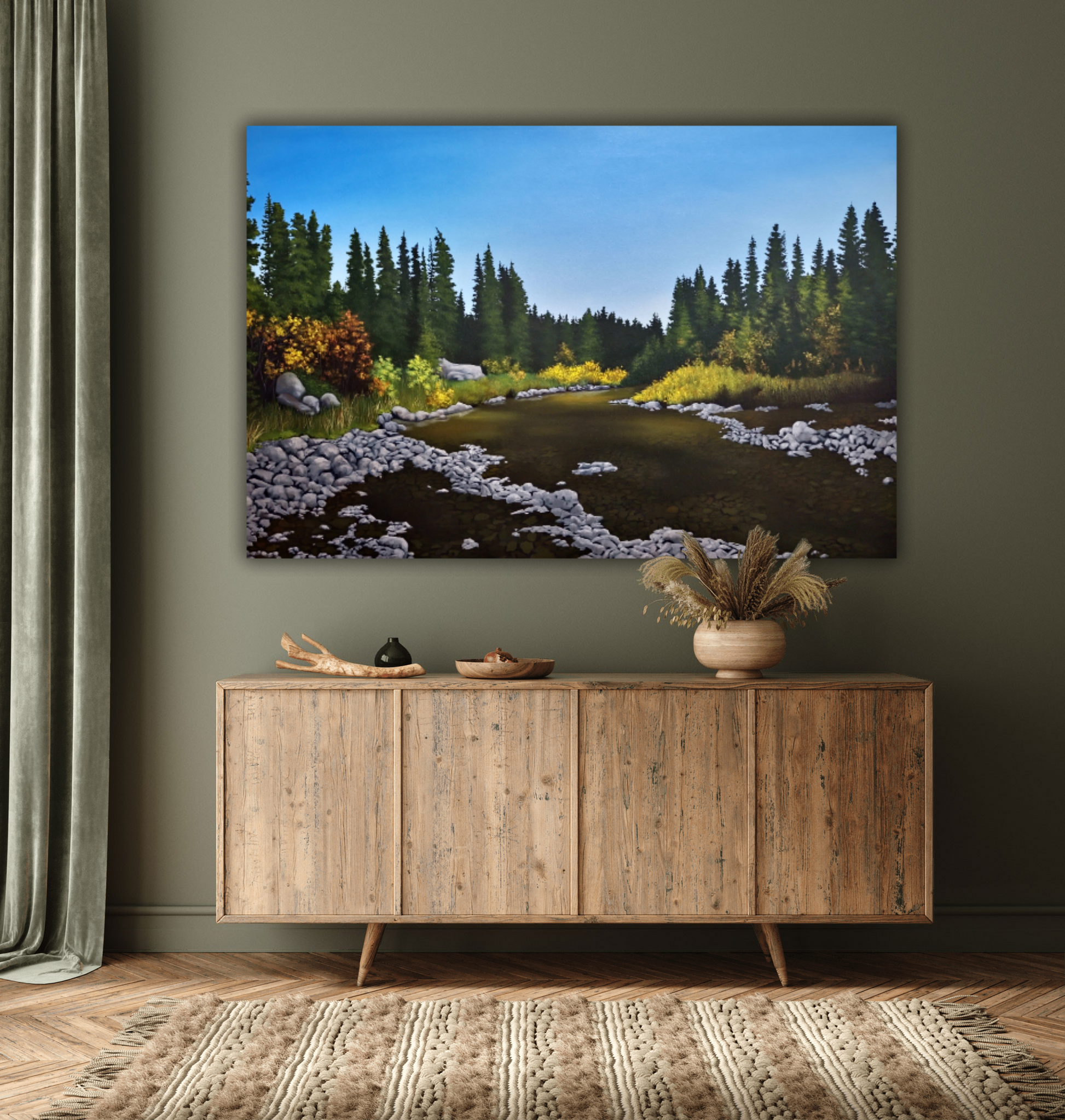Intermission -  An original landscape painting by Christina Gouldsborough Canadian Landscape Artist over a credenza on a green wall
