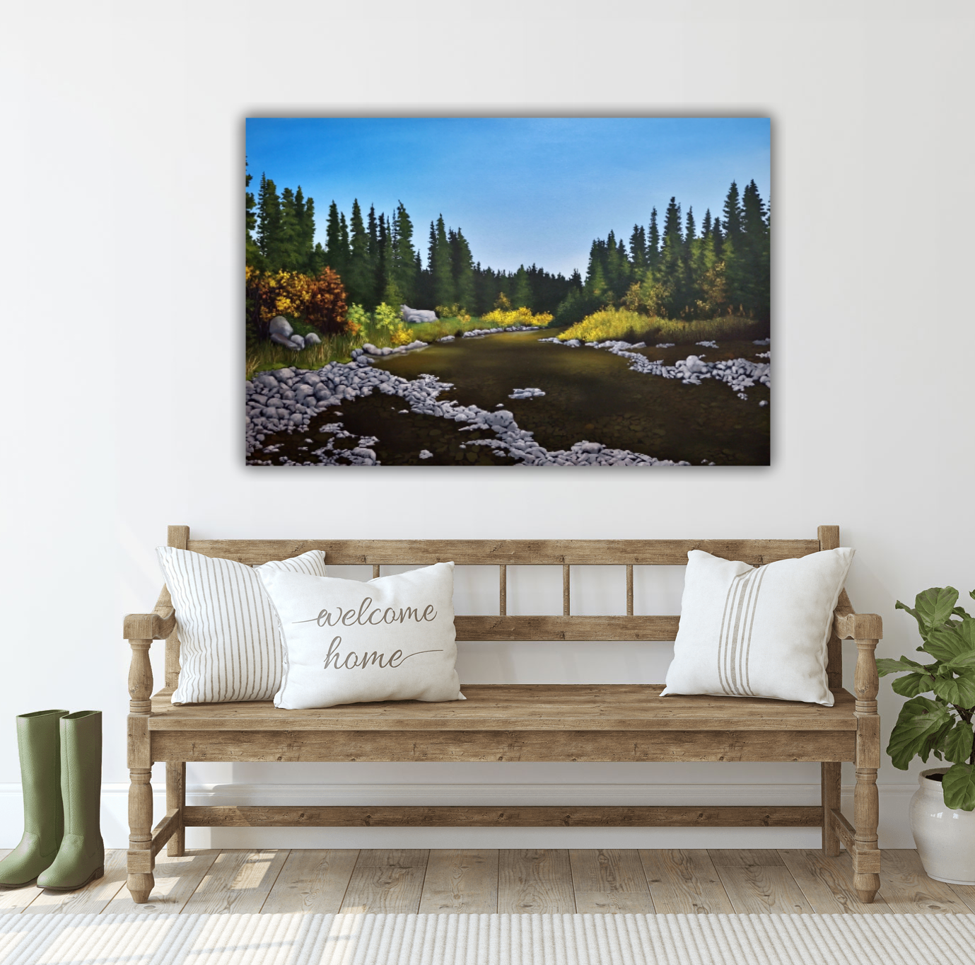 Intermission -  An original landscape painting by Christina Gouldsborough Canadian Landscape Artist hanging over a bench with pillows and rubber boots on the floor