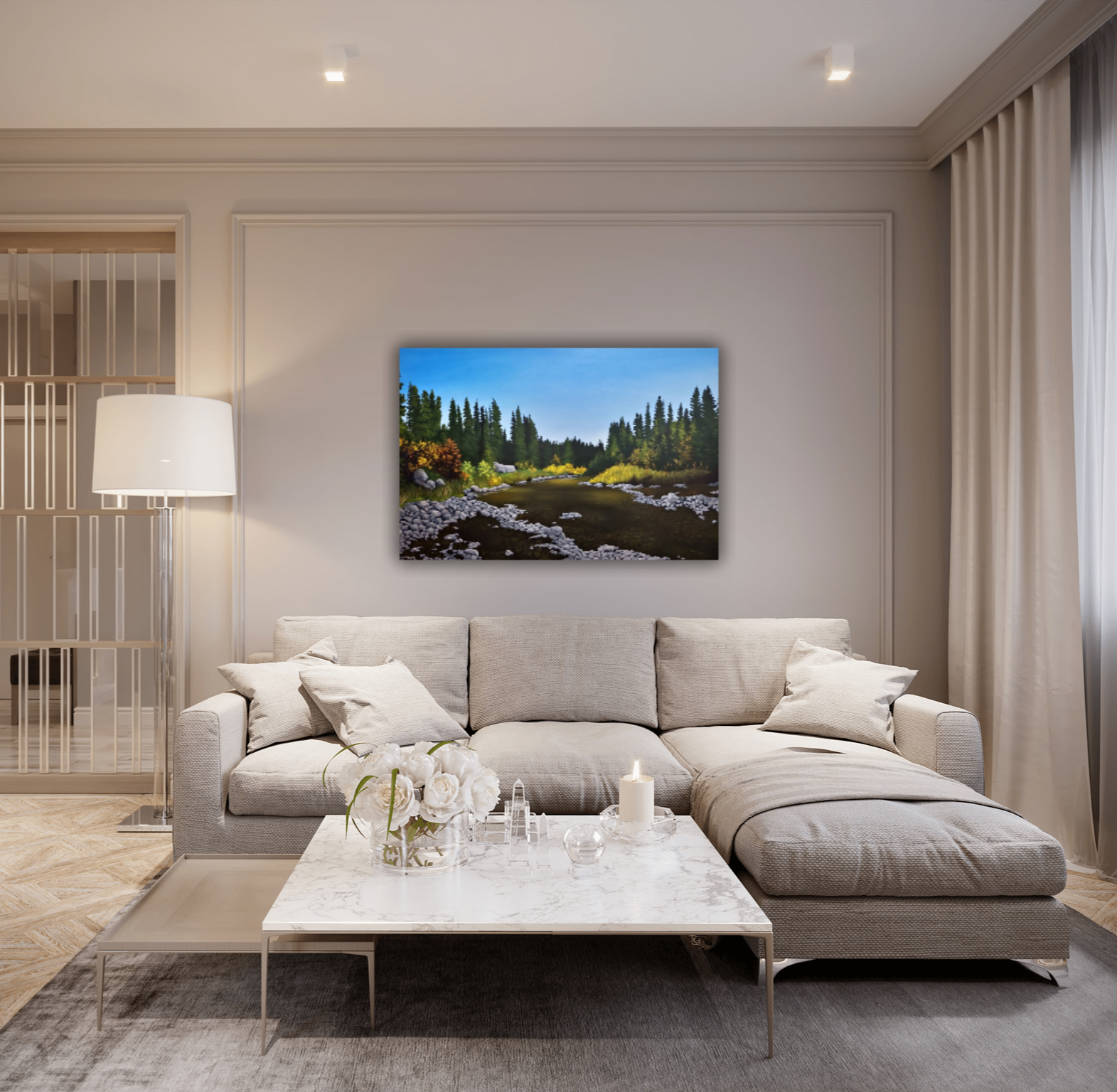 Intermission -  An original landscape painting by Christina Gouldsborough Canadian Landscape Artist, behind a beige sectional in a modern home